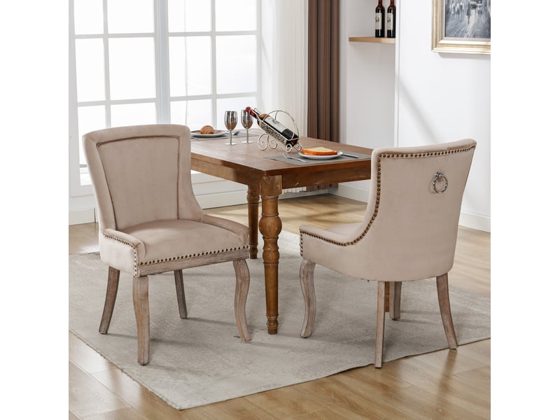  Lot de 2 chaises de salle à manger en velours beige avec dossier incurvé  - Conforama C