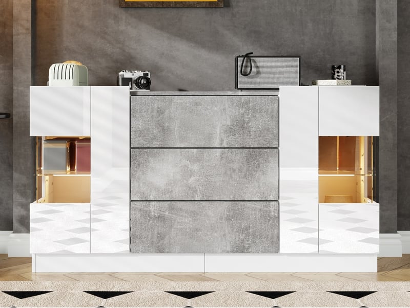 Buffet à 2 portes et 3 tiroirs, 140 x 35 x 75 cm, armoire de cuisine avec éclairage led - Conforama B