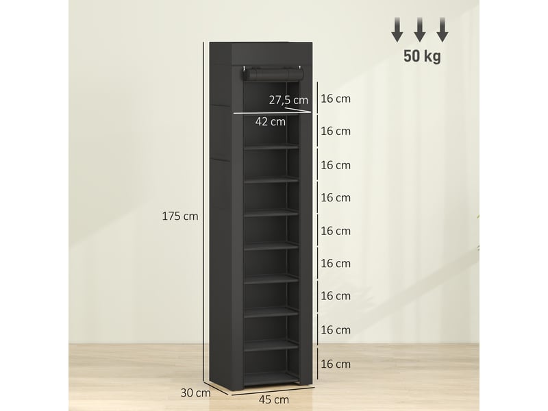 Étagère à chaussures 20 paires 10 niveaux, noir, range-chaussures en métal avec housse anti-poussière - Conforama C