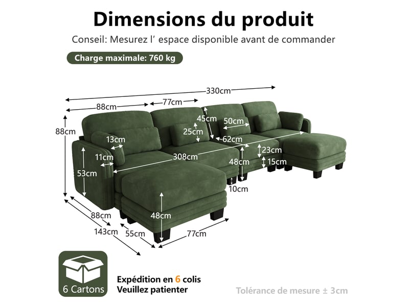  Canapé modulaire en u tcqpz 4 places 330 x 143 x 88 cm avec 2 ottomanes chenille vert  - Conforama C