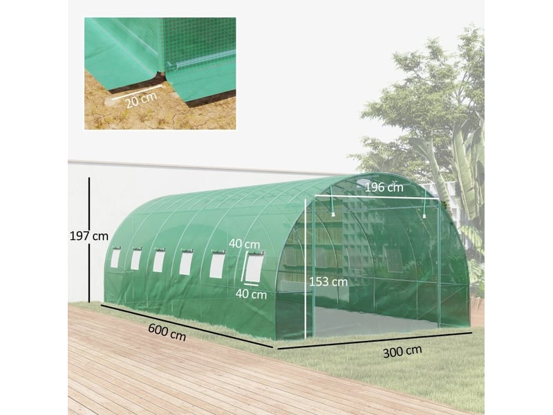 Serre tunnel de jardin 600 x 300 x 197 cm, couverture plastique, cadre acier, portes enroulables, verte - Conforama C