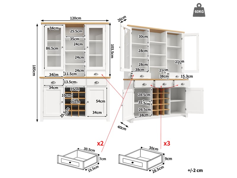  Meuble de cuisine muvano, armoire de cuisine avec porte vitrée, blanc, 120 × 40 × 185 cm  - Conforama W