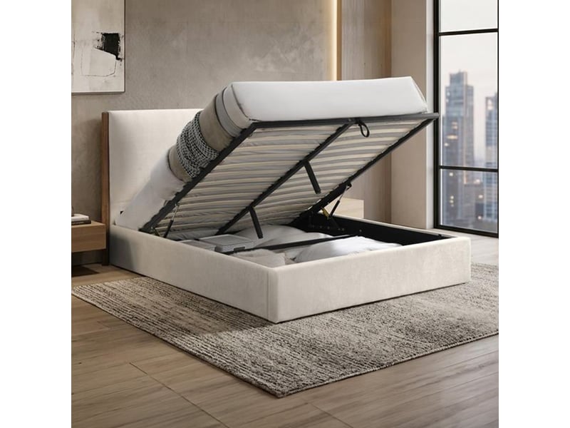  Lit double en tissu beige et bois avec coffre 140x190 cm JUNA-140X190-BEI - Conforama B