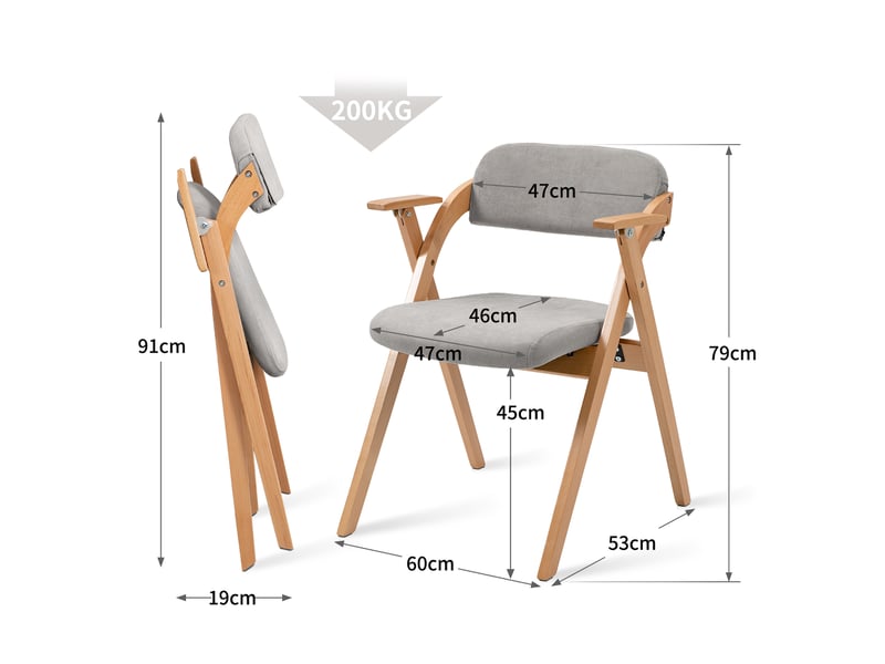  Chaises pliantes lot de 2 avec accoudoirs et assise rembourrée  - dossier épais, hêtre massif - gris  - Conforama D