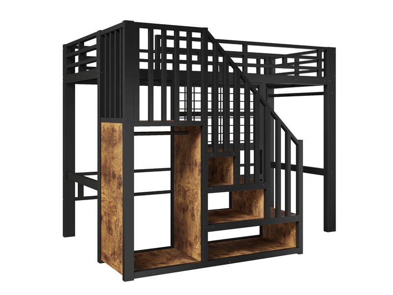 Lit mezzanine 90x200 cm en métal noir avec échelle rangement, grille murale et led - Conforama E