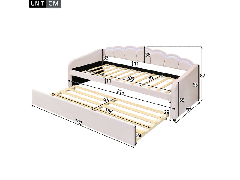 Lit gigogne 90x200cm avec lit extensible, éclairage led multicolore, design ondulé, velours, rose, sans matelas - Conforama D