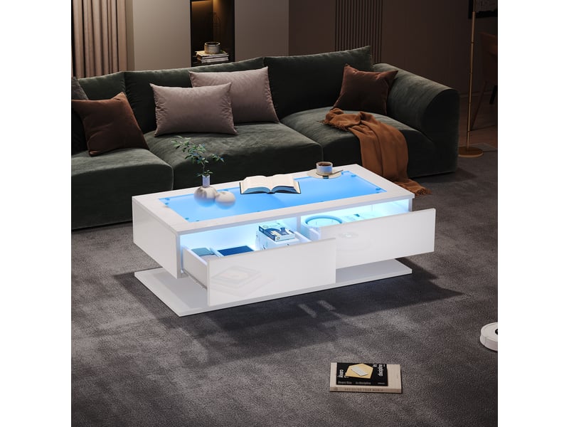  Table basse blanche brillante 100x50x35 cm, table de salon avec tiroirs et plateau en verre trempé, table basse led  - Conforama C