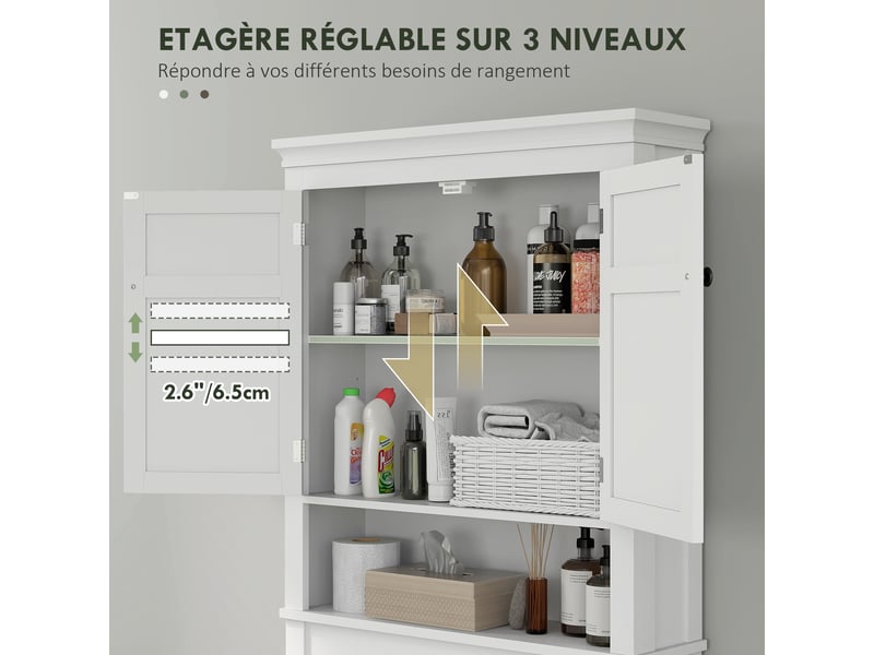  Meuble wc dessus de toilette meuble machine à laver meuble salle de bain placard 2 portes réglables étagères blanc  - Conforama W