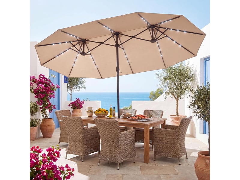Parasol de jardin exterieur avec pied, 4,7x2,8m grand parasol double face avec led solaires, manivelle, 12 baleines, protection solaire,beige - Conforama B