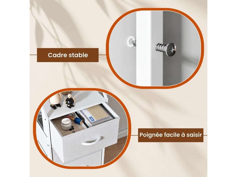 Table de chevet 40x30x78 cm trois tiroirs tissu blanc et metal moderne chambre  - Conforama C