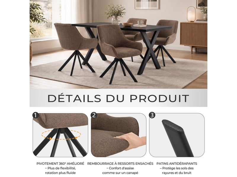 Ensemble table et 4 chaises - table rectangulaire 160x80 cm monobloc en chêne noir et pieds métal, 4 chaises en tissu marron moka et pieds métal - Conforama R