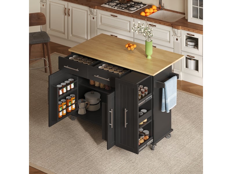  Îlot de cuisine mobile noir avec plateau pliant, desserte à roulettes avec rangement 3 niveaux et tiroirs pour salle à manger  - Conforama E