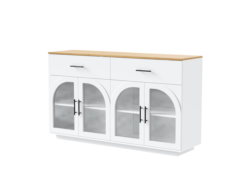  Buffet de cuisine - 147 x 40 x 86 cm - blanc - grand vaisselier de rangement avec 2 tiroirs, 4 portes vitrées et plateau bois  - Conforama A