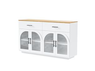 Buffet de cuisine - 147 x 40 x 86 cm - blanc - grand vaisselier de rangement avec 2 tiroirs, 4 portes vitrées et plateau bois