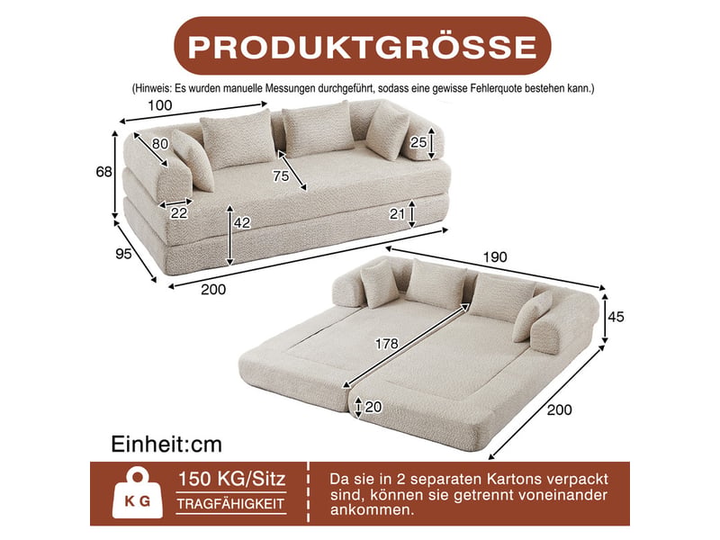 Canapé droit convertible ,2 places,ase antidérapante,4 coussins inclus,200 x 68 x 75 cm,beige - Conforama C