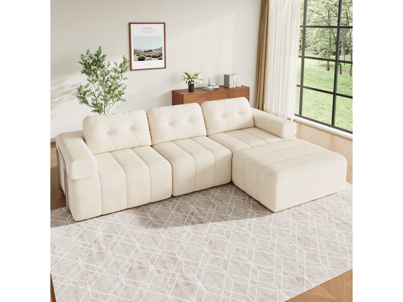  Canapé modulable en l beige 4 places 258 × 165 × 79 cm, chenille et pouf Fay Lum - Conforama B