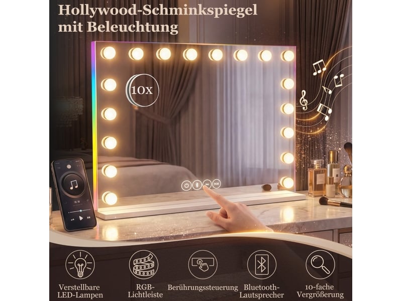  Miroir simple de maquillage à 18 led réglables avec bluetooth et lumière rgb en verre blanc 80 × 14 × 60 cm  - Conforama E