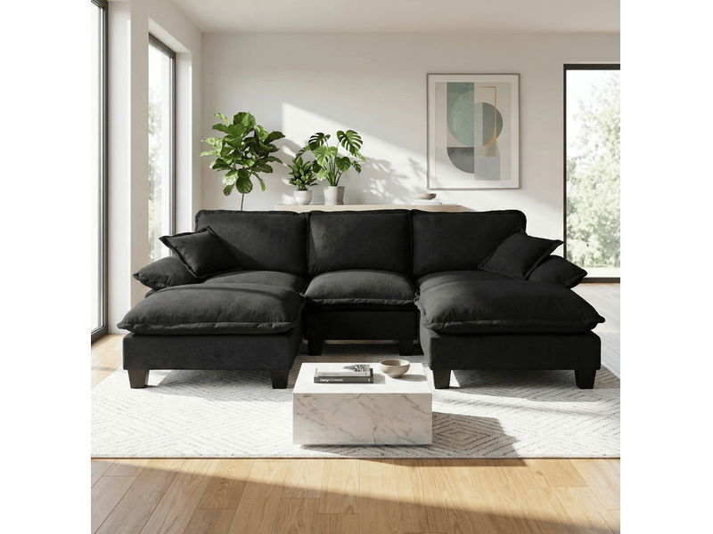 Canapé d'angle modulaire u 264x155x90 cm, 5 places, deux poufs mobiles, 2 coussins, chenille, noir - Conforama E