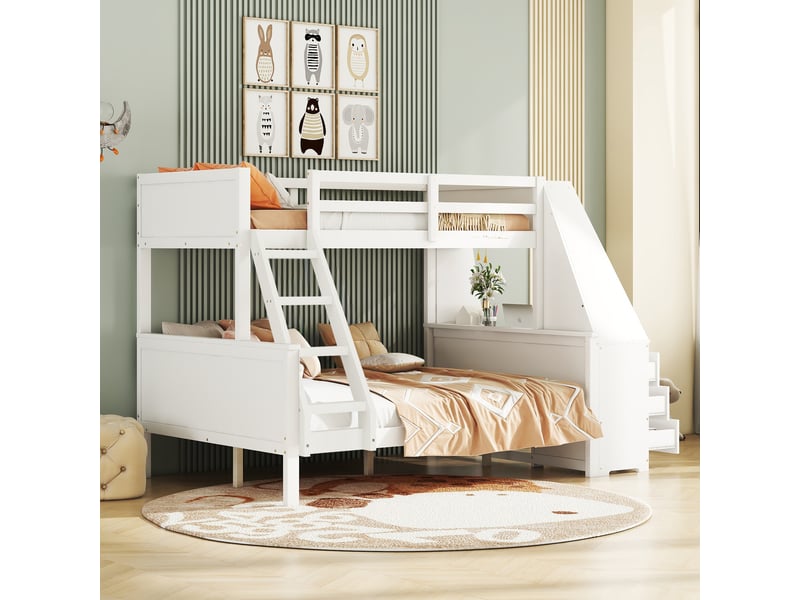  Lit superposé enfant avec bureau et bibliothèque, 90 x 200 et 140 x 200 cm, 3 tiroirs, pin massif et mdf blancs  - Conforama B