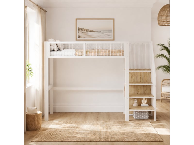  Lit mezzanine enfant 90x200 cm avec escalier et rangement, blanc  - Conforama B