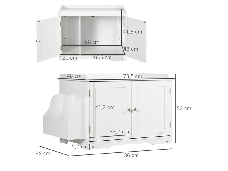  Meuble litière avec rangement 86x48x52 cm – blanc – entrée discrète, cloison réglable et double porte  - Conforama C