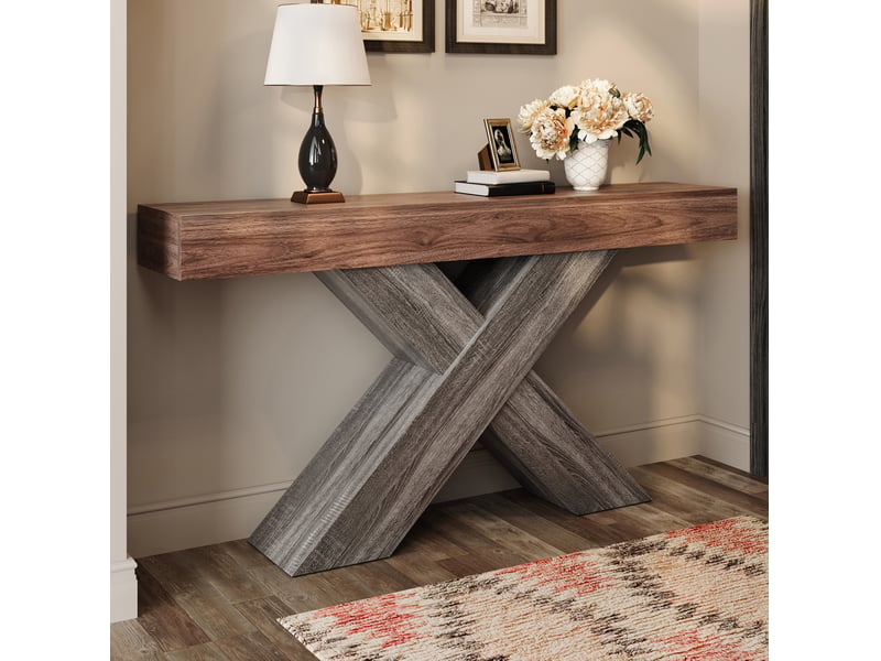  Table console 140 x 30 x 80 cm en panneau de particules, noyer, pieds en x  - Conforama E