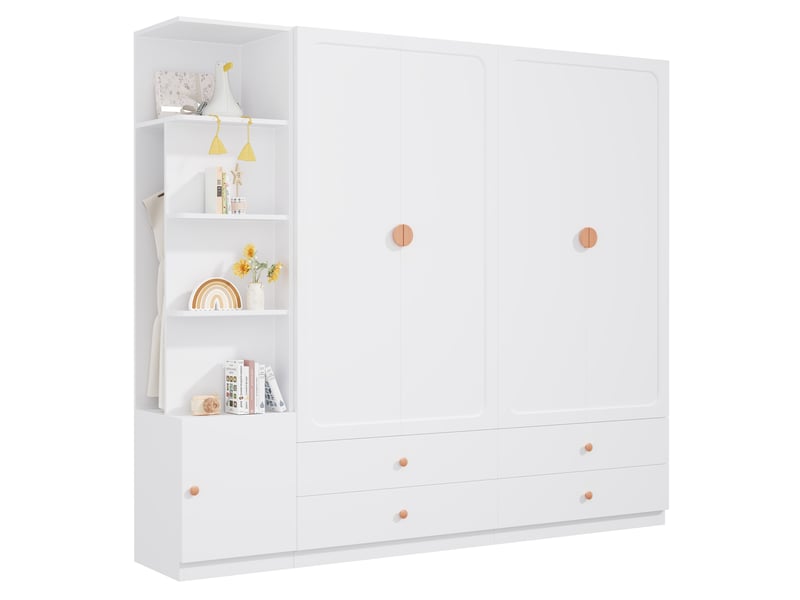  Armoire penderie 225 x 45 x 200 cm blanche en mdf, bois et acier, 4 portes, 4 tiroirs et 3 tringles  - Conforama A
