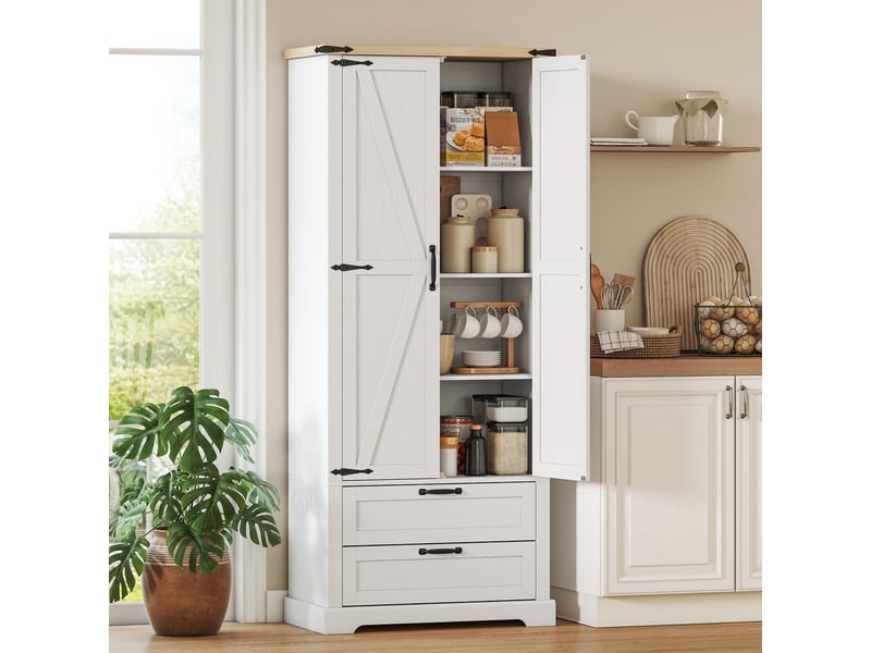  Buffet haut cuisine, armoire de cuisine avec 2 portes, 2 tiroirs, étagères réglables, style rustique, blanc, 76x40x180cm  - Conforama D