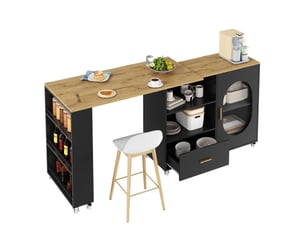 Îlot de cuisine 120x60x90 cm extensible avec 1 porte et 1 tiroir en plateau pivotant et mdf couleur naturel et noir