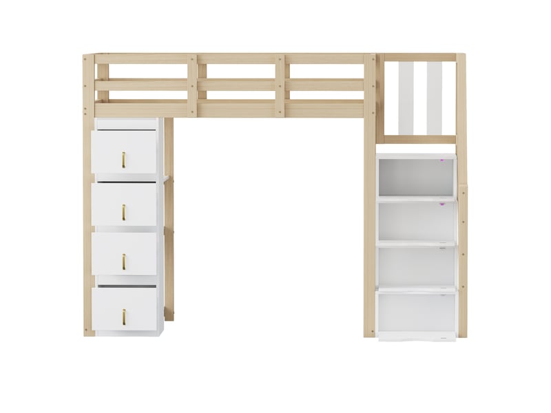 Lit mezzanine enfant 90x200 cm – bois naturel – 4 tiroirs, étagère et échelle de rangement - sans matelas - Conforama E