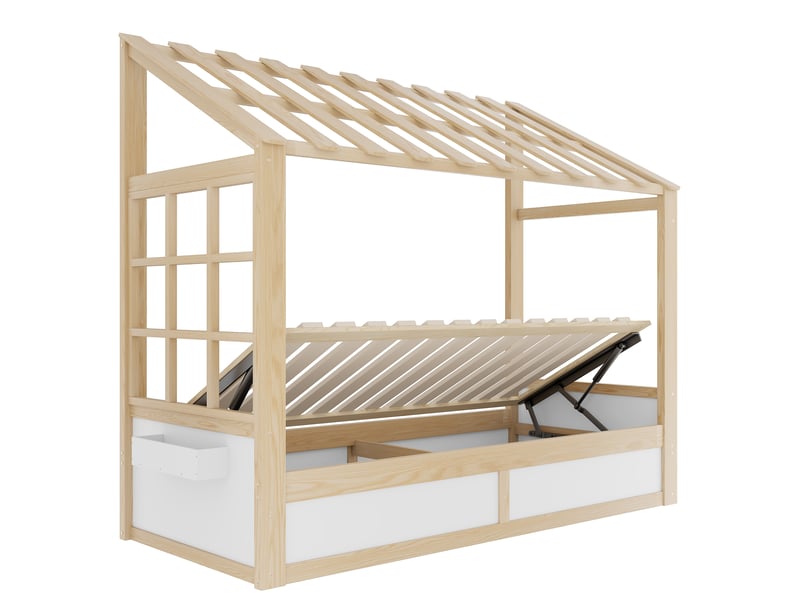  Lit cabane 90x200 avec toit et fenêtre, lit enfant bois et blanc avec coffre de rangement hydraulique et étagères latérales.  - Conforama E