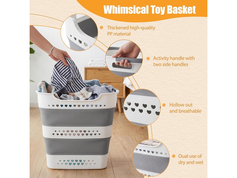  Lot de 2 paniers à linge pliables 42 l, corbeilles en plastique avec poignées, gain de place pour vêtements, gris clair  - Conforama D