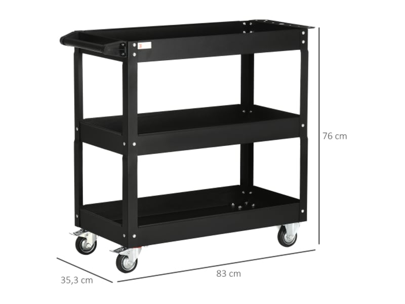 Servante d’atelier mobile en acier 83 × 35,3 × 76 cm, 3 étagères, roulettes et poignée, charge max. 150 kg - Conforama E