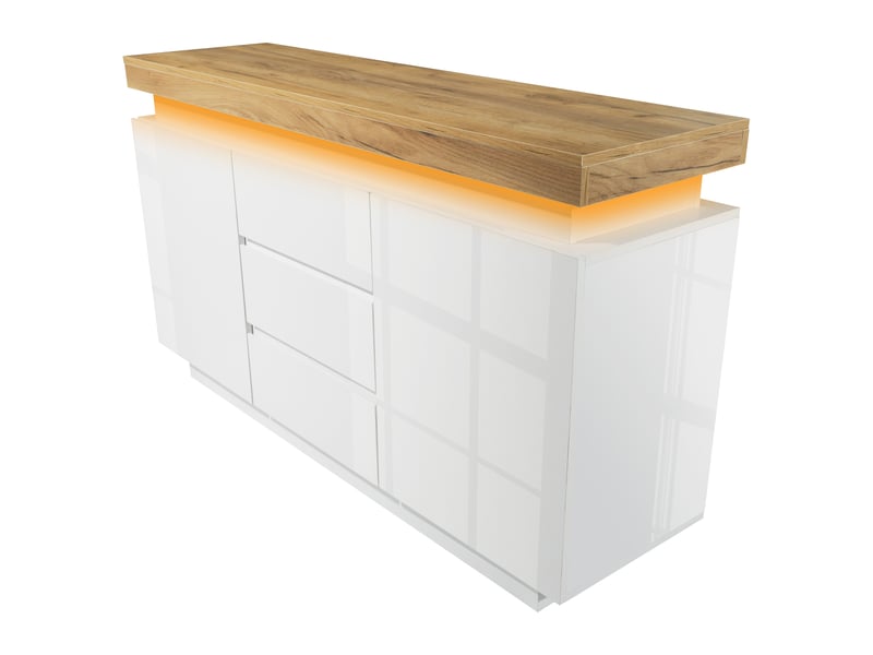 Buffet 140 cm, 2 portes, 3 tiroirs, éclairage led, étagères réglables, façade brillante, mdf, rangement pour séjour ou chambre - blanc C-DEGAYUN - Conforama A