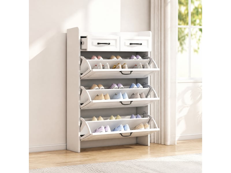 Meuble à chaussures 80x23.5x131 cm, 3 abattants et 2 tiroirs, blanc - Conforama D