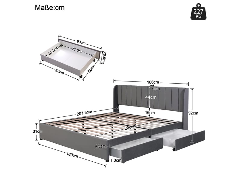  Lit double 180 x 200 cm en velours gris avec sommier, tête de lit et 2 tiroirs  - Conforama C