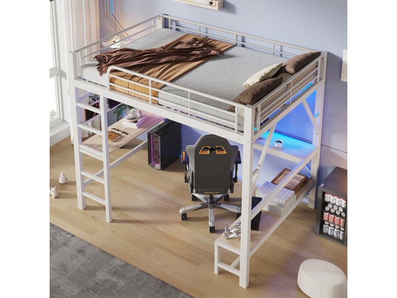  Lit mezzanine 160 x 200 cm – avec bureau -  barrières de sécurité et échelle – avec ports usb et type-c – avec éclairage led – blanc(matelas non inclus)  - Conforama E