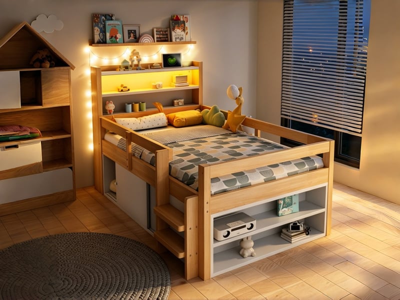  Lit enfant en bois, 90 x 200 cm, avec étagères, compartiments de rangement et placards à portes coulissantes, naturel  - Conforama B
