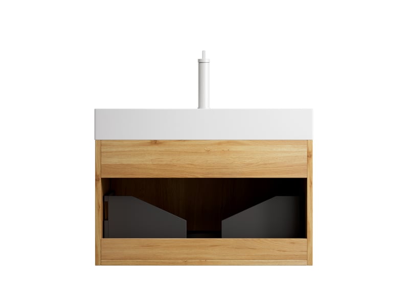  Meuble sous vasque avec 1 tiroir et led, vasque intégrée en résine, meuble en bois, salle de bain, 70×46×50 cm  - Conforama E