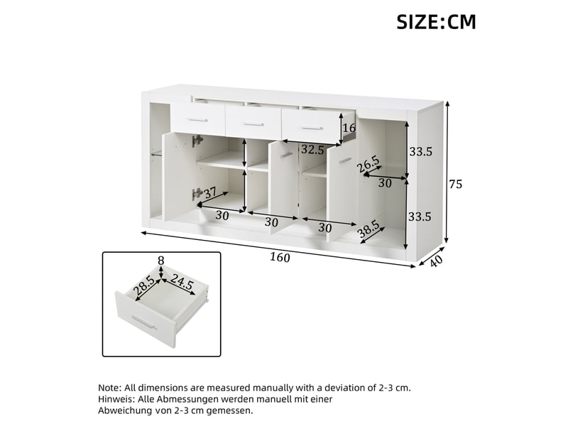  Buffet de rangement 160x40x75 cm, avec led, tiroirs et portes, meuble de salon, brillant, panneau de particules, blanc  - Conforama C