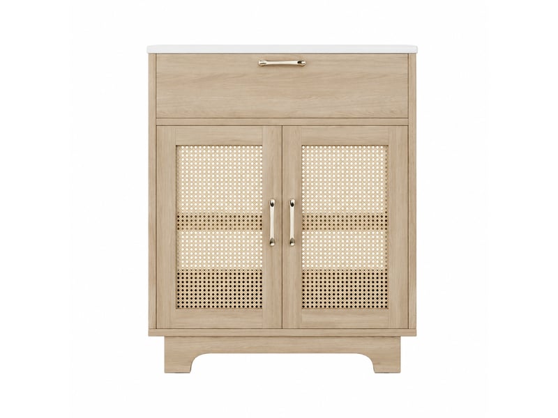  Meuble vasque 76 cm avec lavabo en céramique, finition bois naturel et portes effet rotin  - Conforama A