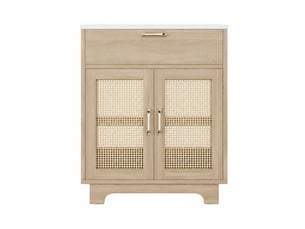 Meuble vasque 76 cm avec lavabo en céramique, finition bois naturel et portes effet rotin