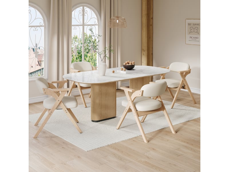  Chaises de salle à manger pliantes 6 pièces, avec accoudoirs, bois et lin beige  - Conforama C