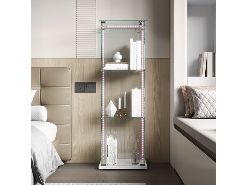  Vitrine en verre 3 niveaux simple porte - 39,8 x 35 x 123,5 cm - blanc - armoire d'exposition avec ruban led et base blanche  - Conforama E