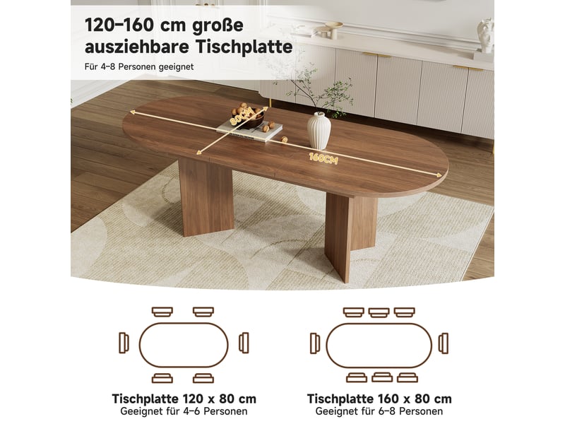  Table de salle à manger extensible 120-160x80x75 cm, 4 à 6 personnes, plateau épais et angles arrondis, design simple, mdf, effet noyer Sol Morn - Conforama E