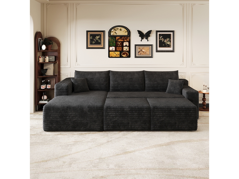  Canapé d’angle noir 5 places en velours côtelé, canapé en l pour salon de 241 cm avec assise profonde, mousse haute élasticité, sans montage  - Conforama W