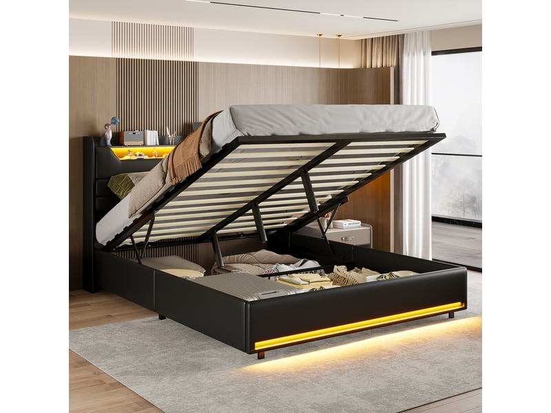  Lit double coffre - 140 x 200 cm-noir - en similicuir pu, avec tête de lit lumineuse, double éclairage led, ports de charge et vérins hydrauliques  - Conforama E