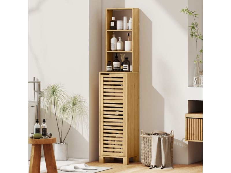  Armoire de salle de bain étroite 34x30x170 cm, porte persienne, bambou, naturel  - Conforama B