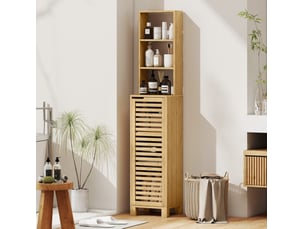 Armoire de salle de bain étroite 34x30x170 cm, porte persienne, bambou, naturel