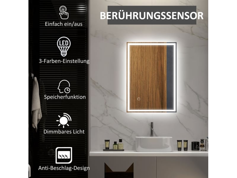  Miroir lumineux de salle de bain à éclairage réglable, antibuée et commande tactile en verre argenté 70 × 50 × 4 cm  - Conforama E
